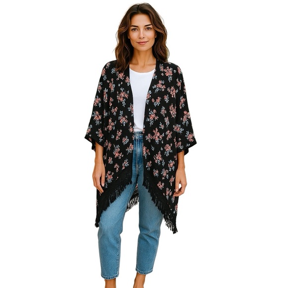 Lane Bryan Kimono Floral Fringe lightweight Flowy M Dolman Festival Coachella - Picture 1 of 8
